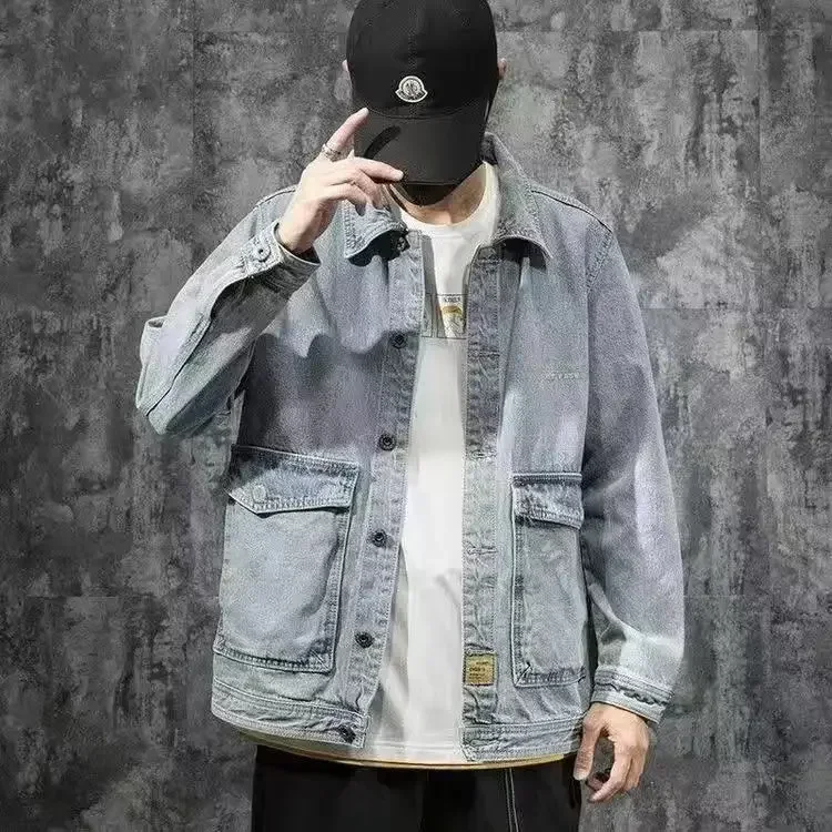 Chaqueta vaquera azul con botones de empalme para otoño, abrigo vaquero para hombre, ropa de moda G Original de Corea, talla grande, holgada, de lujo, LS