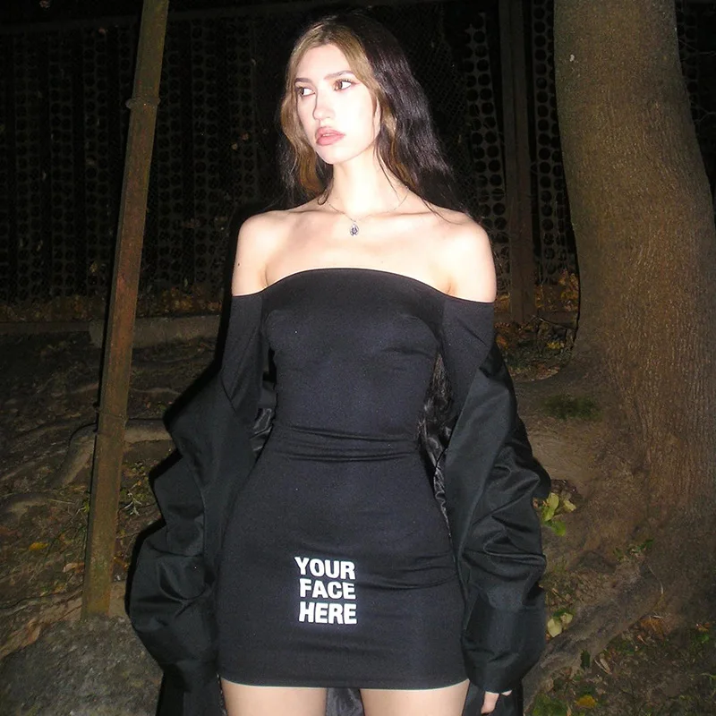 

Women's Spring Summer Dress New Letter Print Off Shoulder Bra Slim Fit Wrap Hip Temperament Dress Fashion Sexy Black Dress