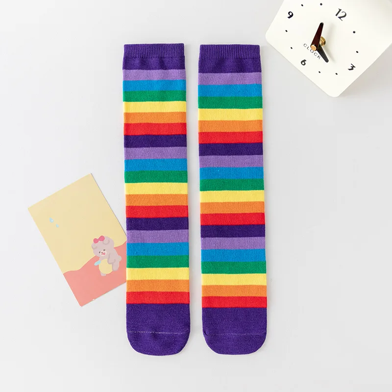 Spring Autumn Children&rsquo;s Long Stockings Rainbow Stripped Teen Girls Christmas Cosplay Party Socks Kids Girls Knee High Socks