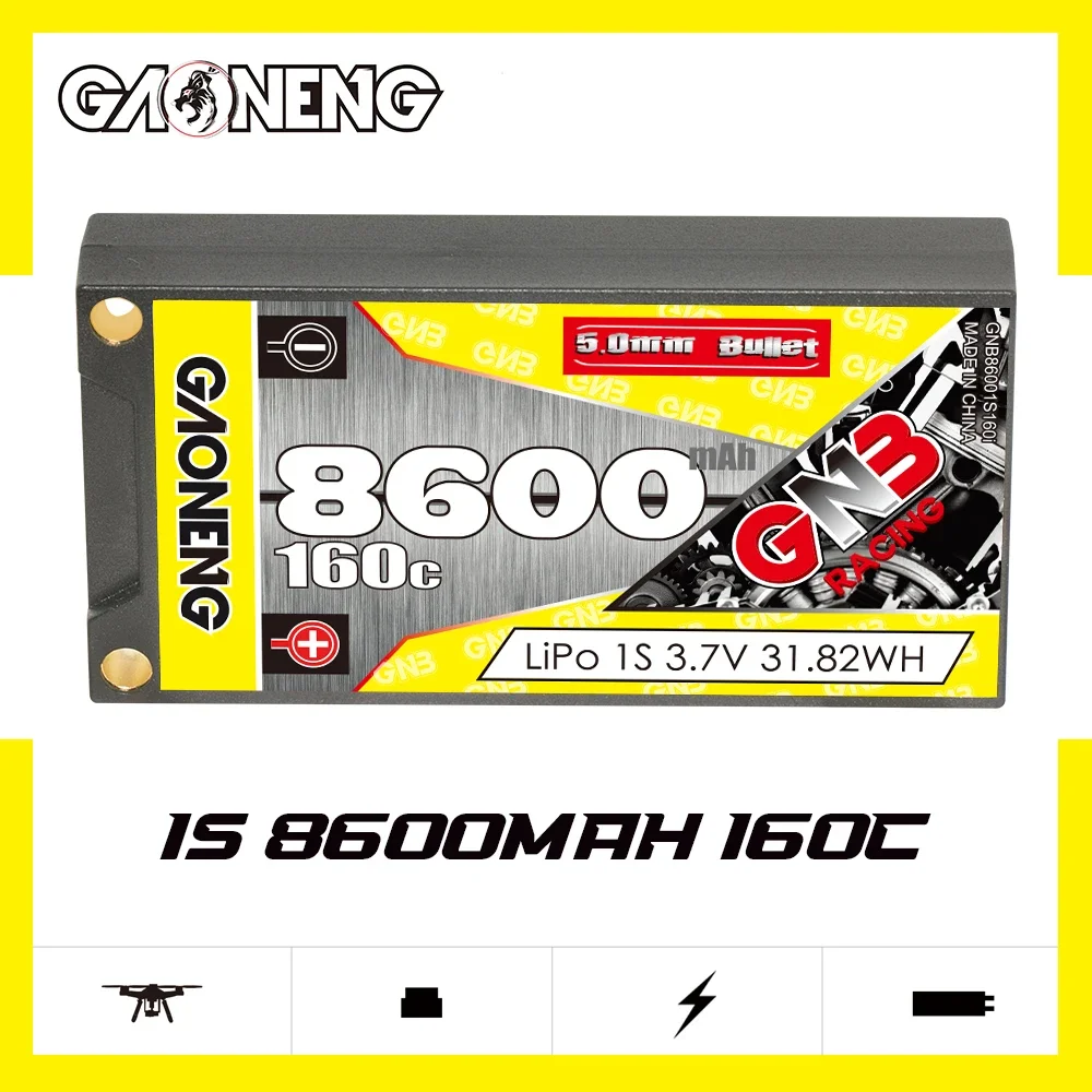 

GAONENG GNB 8600mAh HV 1S 160C 320C 3.7V Single Pack 5mm Built-in Bullet Hard Case LiPo Battery 1/12 Scale RC Cars