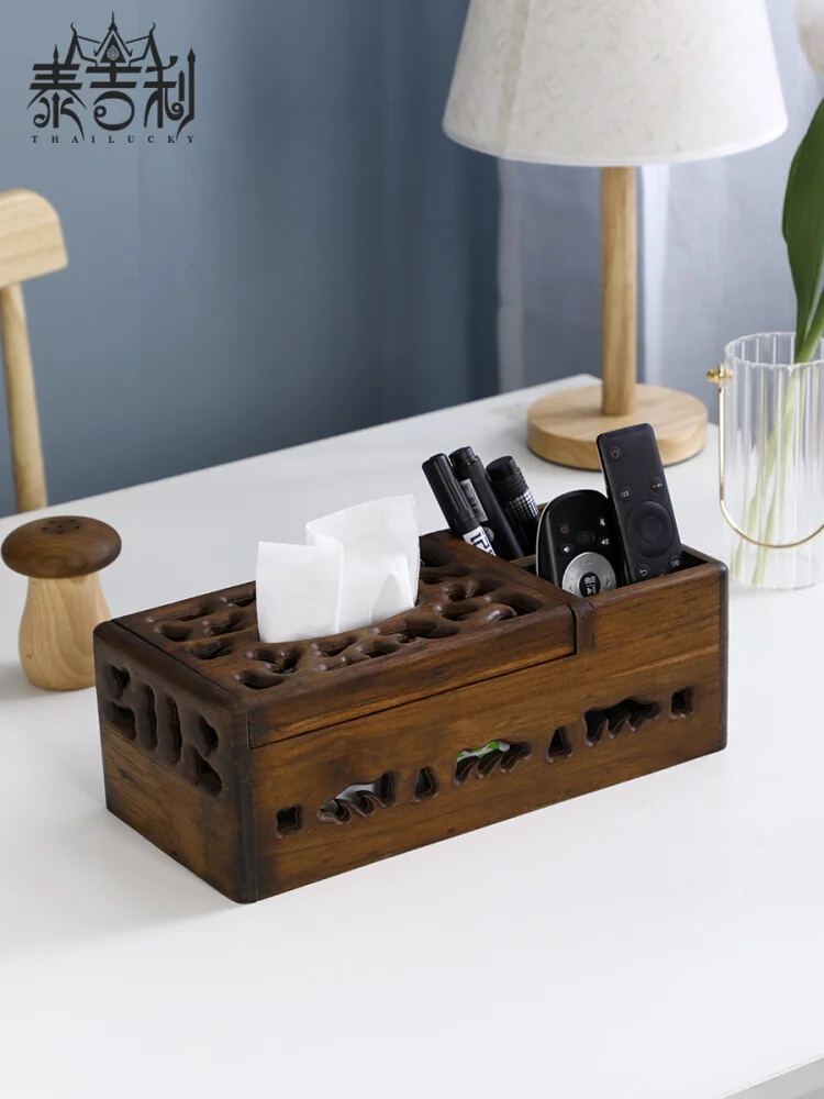 

Vintage solid wood drawer style living room desktop remote control storage box, wooden tissue box