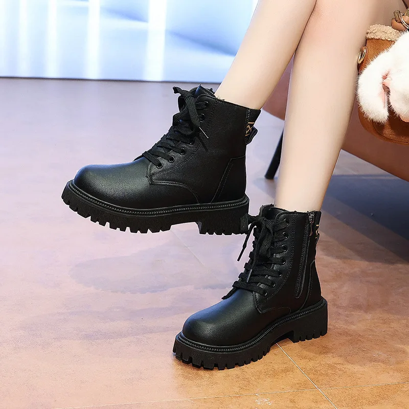 2025 New Fashion Thick Sole Women's Boots Large Size Women's Shoes Black Keep Warm Fleece Platform Lace-up Ankle Boots