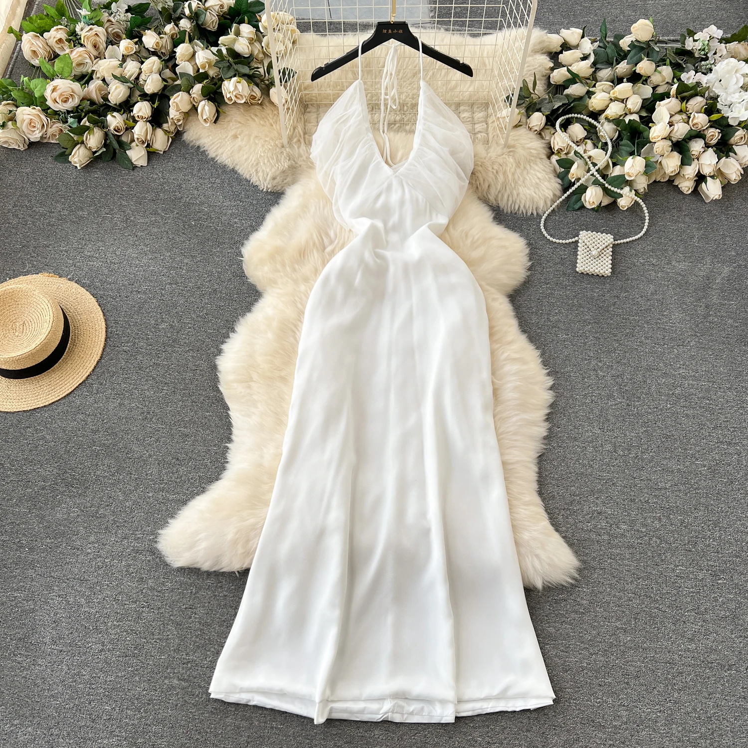 

MSHARBOR White Gauze Patchwork U-Collar Strap Design Wedding Party Evening Dress Sexy Women'S Senior Sense Midi Halter Dress