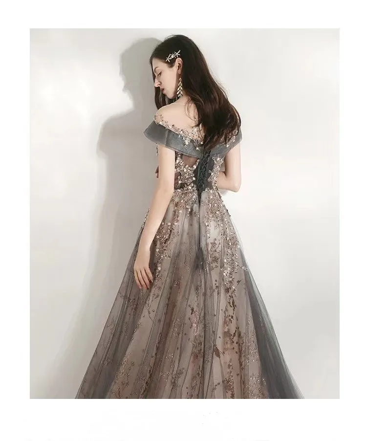 Luxury Prom Dress Off Shoulder A-Line Beading Exquisite Sequins Illusion Scoop Neck Gray Spray Gold Tulle Ceremony Evening Gowns Luxury Prom Dress Off Shoulder A-Line Beading Exquisite Sequins Illusion Scoop Neck Gray Spray Gold Tulle Ceremony Evening Gowns