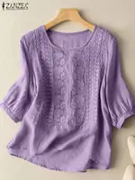 ZANZEA Elegant Women Embroidered Blouses Autumn 2024 3/4 Puff Sleeve Transparent Blusas Mujer Casual Vintage Cotton Shirts Tops - Image 4