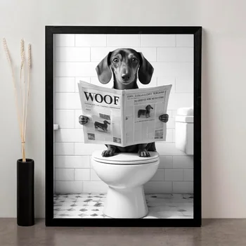 Cane da compagnia che legge il giornale 'WOOF' sul WC, regalo divertente per gli amanti dei cani, scelta perfetta per la decorazione del bagno, regalo creativo
