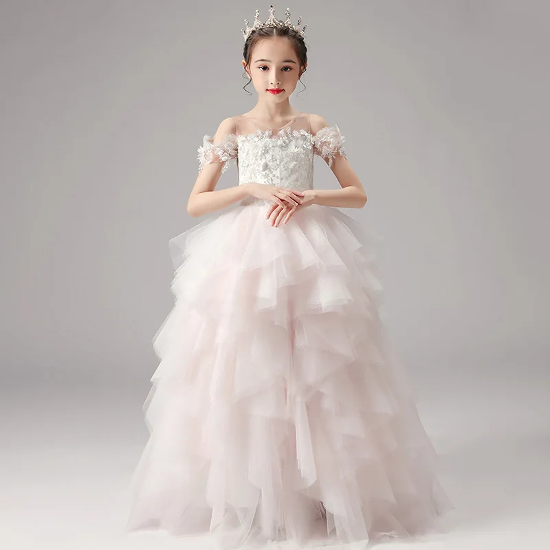 

Lace Kids Dresses for Birthday Party Wedding Dress elegant Children Pageant Gown Girls Princess cakeTulle long Dress Girl Dress