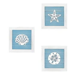 Ocean - Themed 3D Beach Wall Art with Starfish and Seashells for Vintage Bathroom Decor (SKY BLUE)