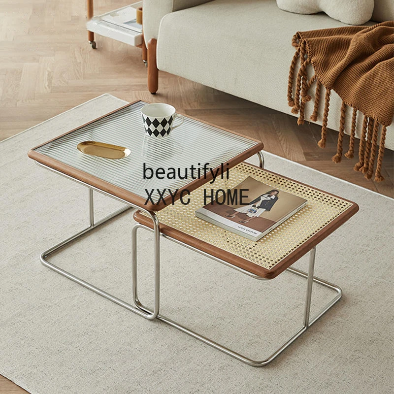 

Кофейный столик для гостиной, боковой столик для небольшой квартиры, комбинированный ротанговый стеклянный из нержавеющей стали