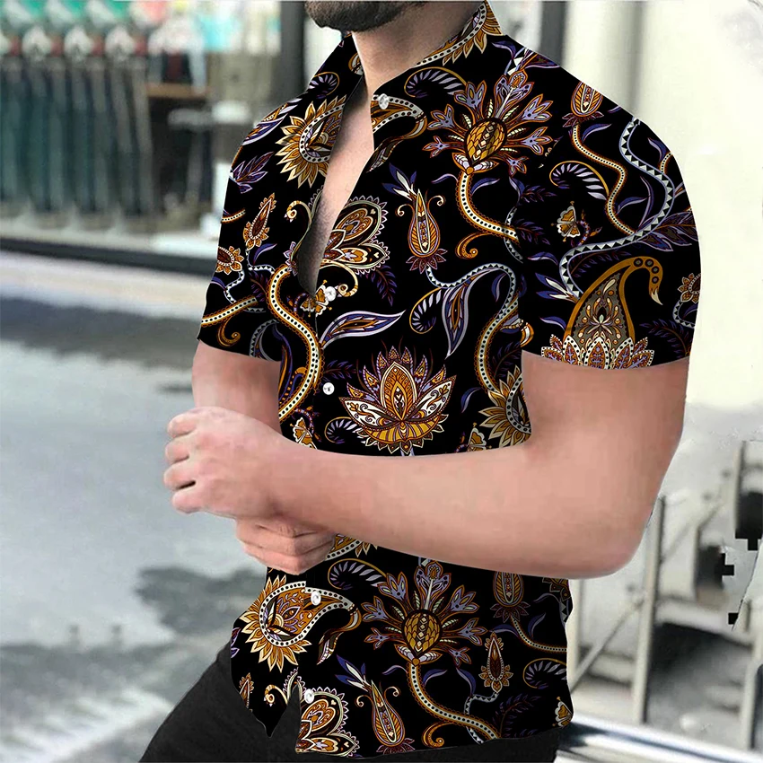 Fashion Luxury Social Men Shirt Turn-down Collar Buttoned Blouses Casual Flower Print  short sleeve Tops Men Clothes Prom Cardig