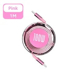 Retractable 100W USB-C to USB-C Fast Charging Cable (Pink 1m)