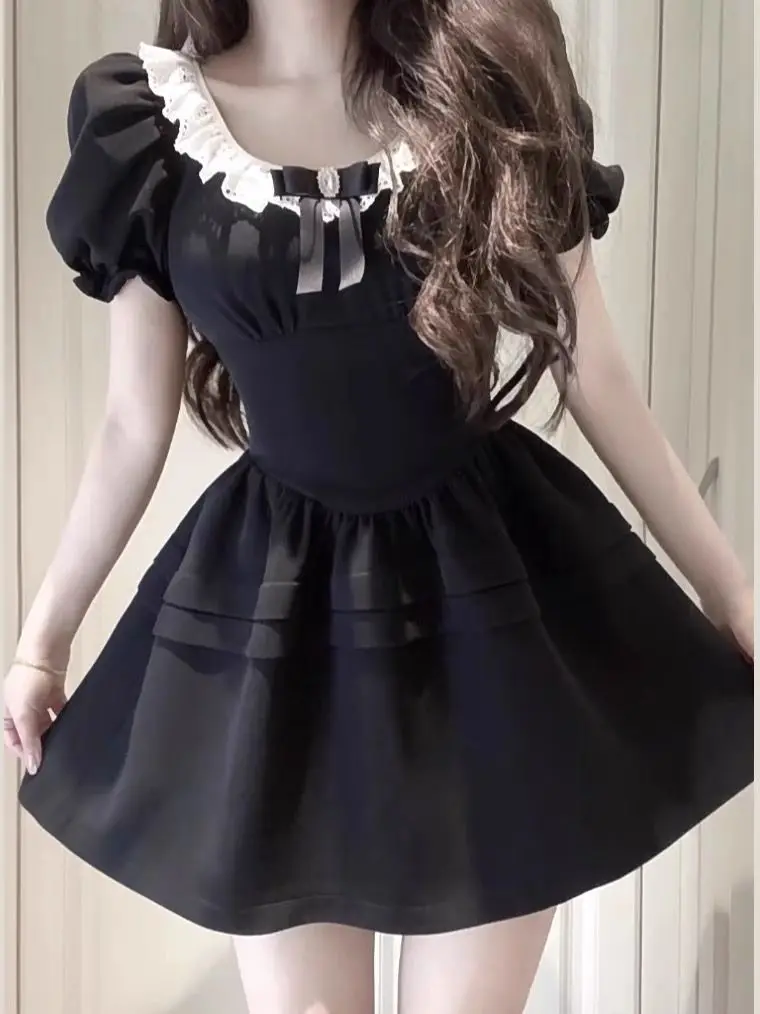 

Spring/Summer French Style Square Neck Bow with Bubble Sleeves Black Dress Women 2024 New Waistband Slimming A-line Short Skirt