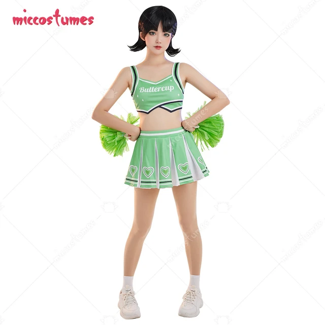 Uniforme Cosplay de colegiala para mujer, disfraz de animadora con patrón  de Corazón Verde, conjunto de Top corto y falda - AliExpress