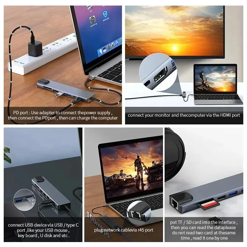 Coolcirc USB-C 8 in 1 Concentrator To 4k HdTV Hub Adapter With SD/TF Card Reader