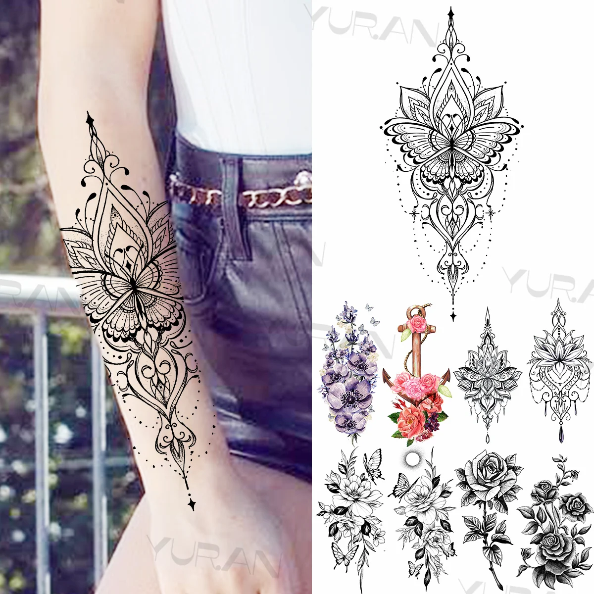 

Henna Pendant Temporary Tattoos For Women Girls Rose Flower Butterfly Watercolor Lavender Anchor Fake Tattoo Sticker Arm Tatoos