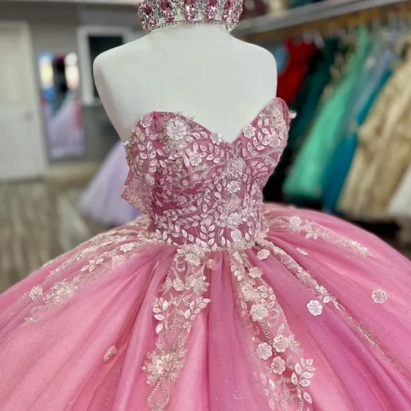 

Real Pictures Pink Princess Prom Dresses For 14 16 Girls Lace Applique Corset Birthday Party Gown Pageant vestidos de 15 años