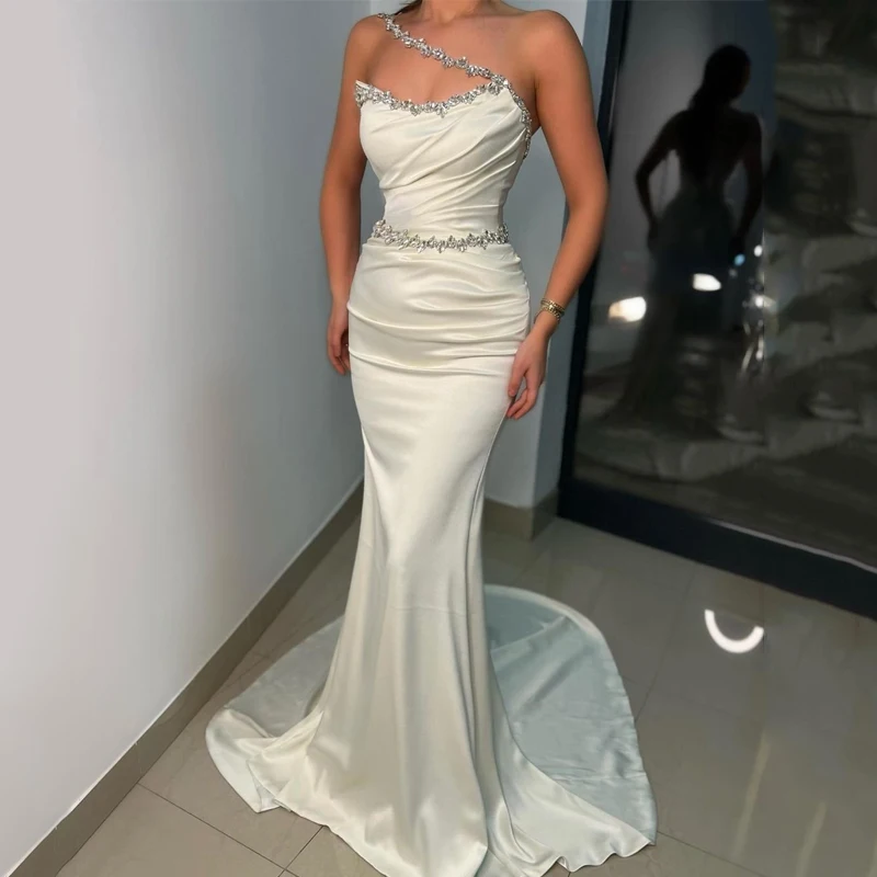 

Sexy Mermaid Prom Dress One Shoulder Beadings Satin Evening Dress Sleeveless Floor Length Saudi Arabia Prom Gowns