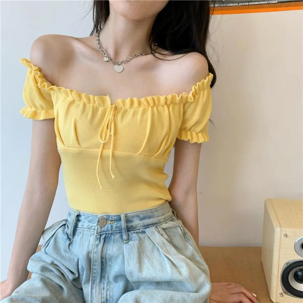 Sleeveless Square Neck Drawstring T-shirt Terylene Straight Shoulder Ice Silk Short Sleeve Top Off-the-shoulder 5