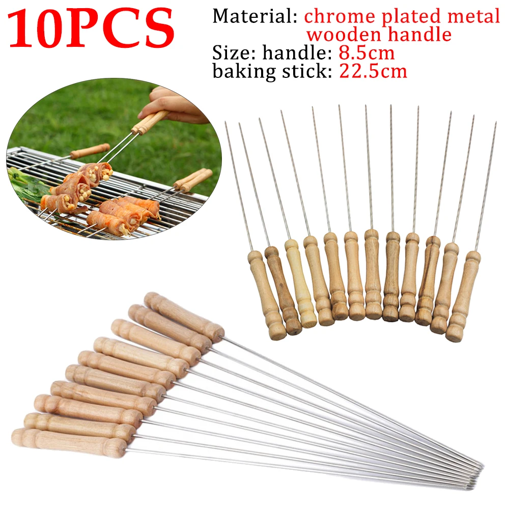 10 pcs BBQ Roast Barbecue Skewer Grill Kebab Needles Stick Stainless Steel Wood Handle For Fish Meat barbecue skewers bbq grilling accessories