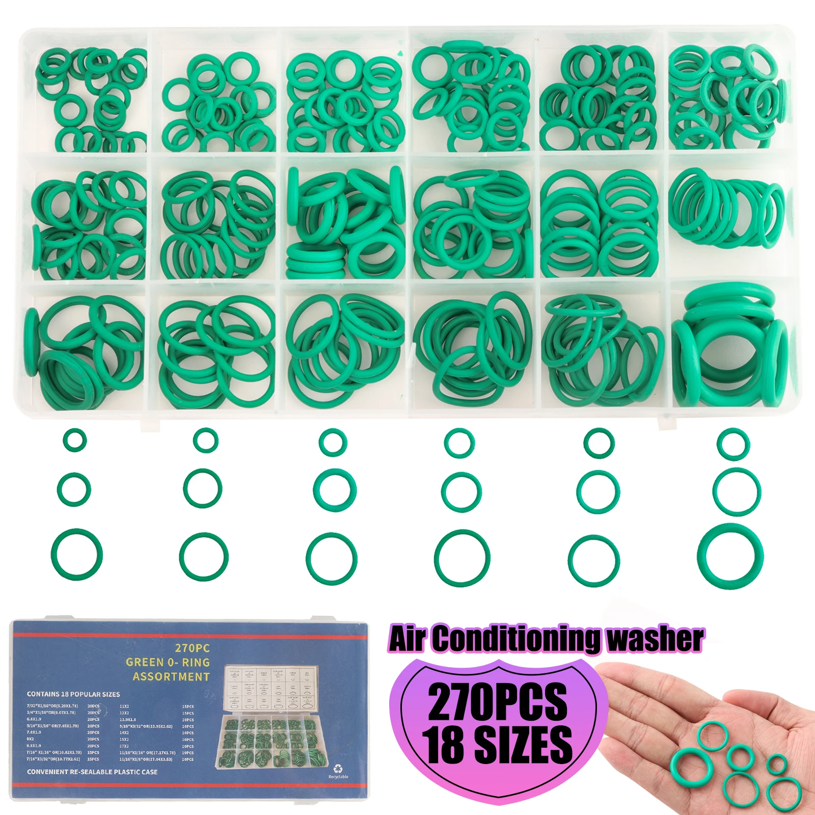 270Pcs Green O Ring Seals Washers for Automotive Air Conditioner Hand Tool Sets Accessories For Car Air Conditioner Airco Tools