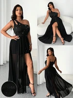 Plus Size Fashion Sexy One-Shoulder Sleeve Sequins Waist Mesh Dress Slit Elegant 2025 Summer New Cocktail Dresses Outdoor
