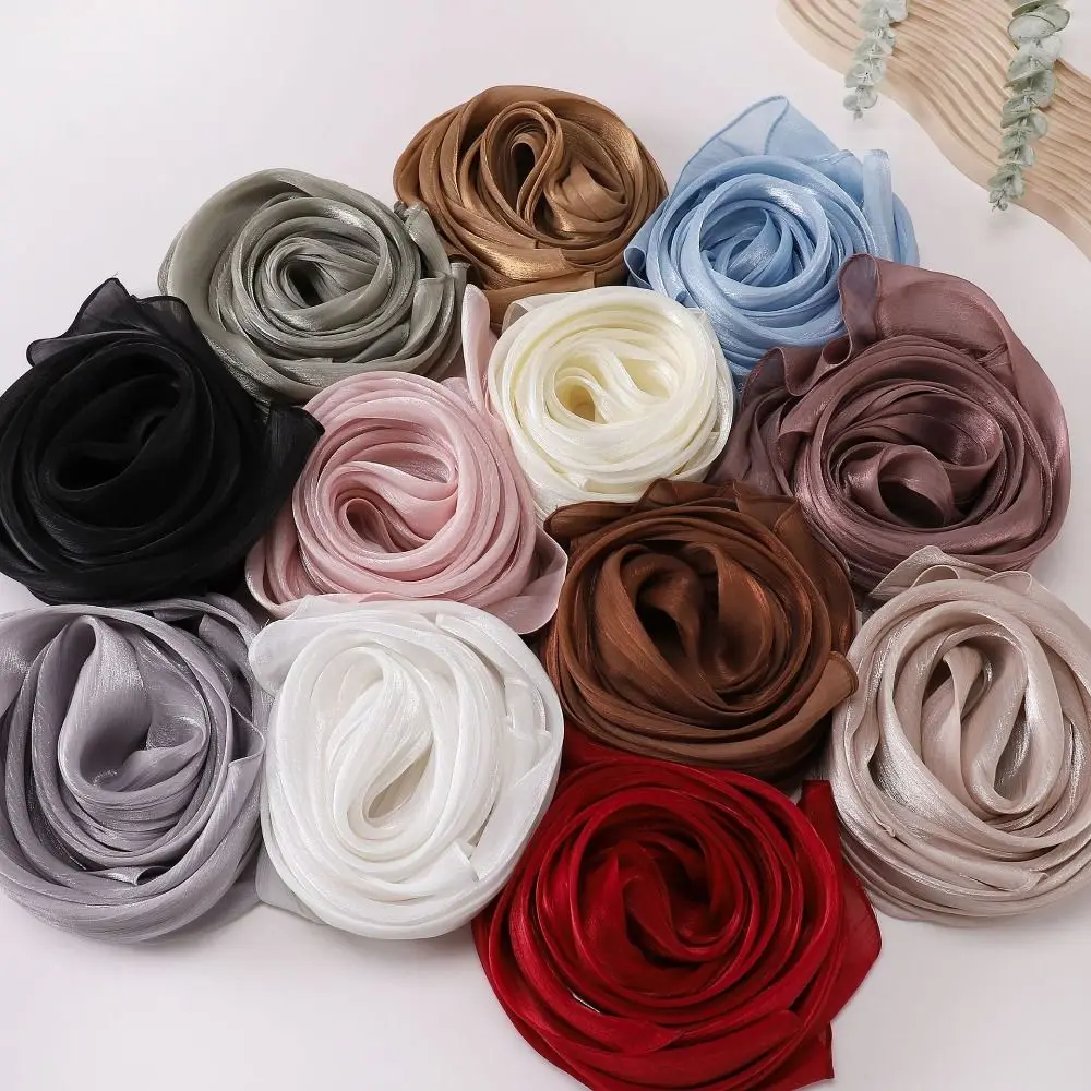 Hochwertiger einfarbiger Seidenschal aus Chiffon, langer Chiffon-Hijab-Schleier, weicher, glänzender Sonnenschutz-Schal für den Außenbereich – Detail 10