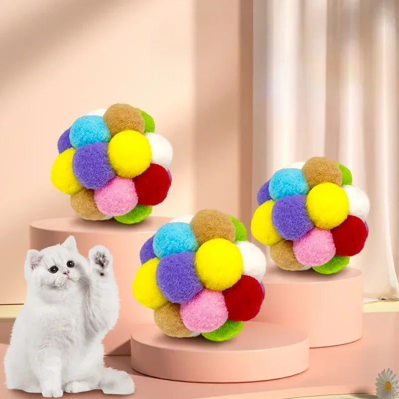 Colourful Cat Toy Plush Ball Interactive Pet Elastic Bell Self Hi Ball Playing Kitten Seven Colors Woolen Ball Cat Accessories