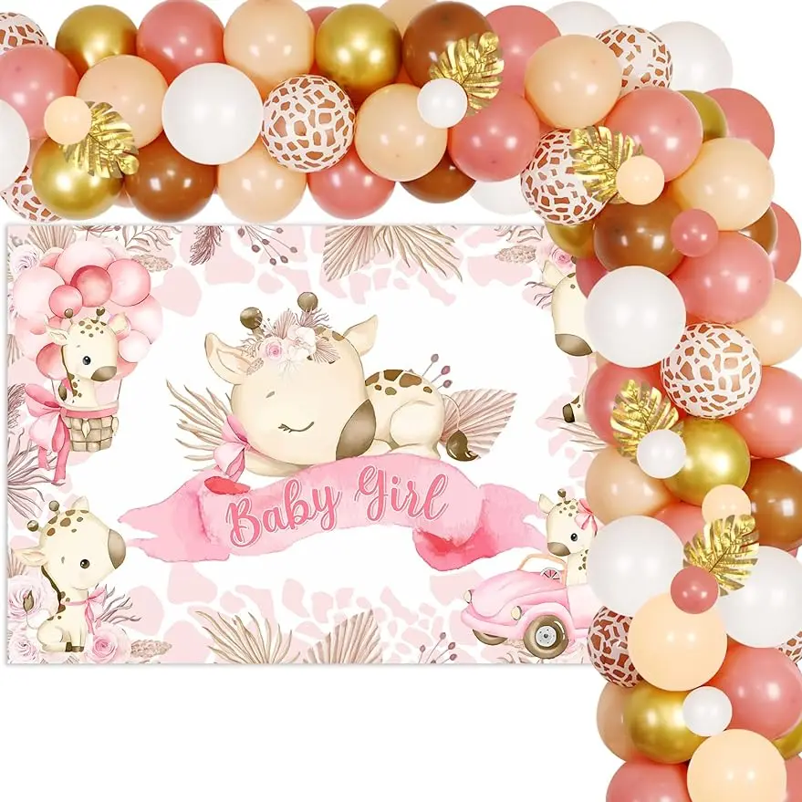 

Pink Giraffe Baby Shower Decor for Girl Jungle Safari Print Balloon Arch with Backdrop Artificial Leaves for Girl Baby Shower