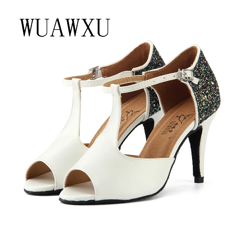 NATASHA 2023 Genuine leather plus seven color sequins Latin dance shoes Fish Mouth Black 7.5 Medium High Heel Soft Sole Square d