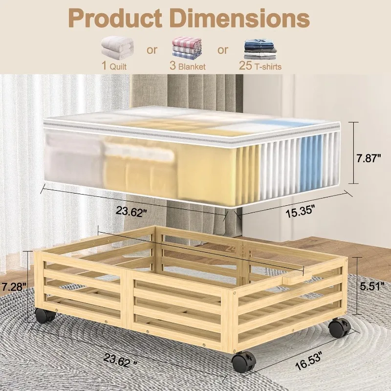 Bamboo Under Bed Storage Containers with Large Dust Bags, Under Bed Storage with Wheels-2 Pcs 2