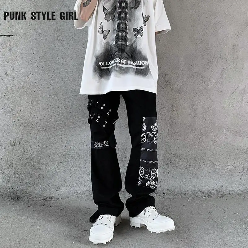 

Punk Goth Baggy Pants Men Gothic Graphics Black Stitching Trousers Male Harajuku Japanese Hip Hop Paisley Cyber Graffiti Jeans