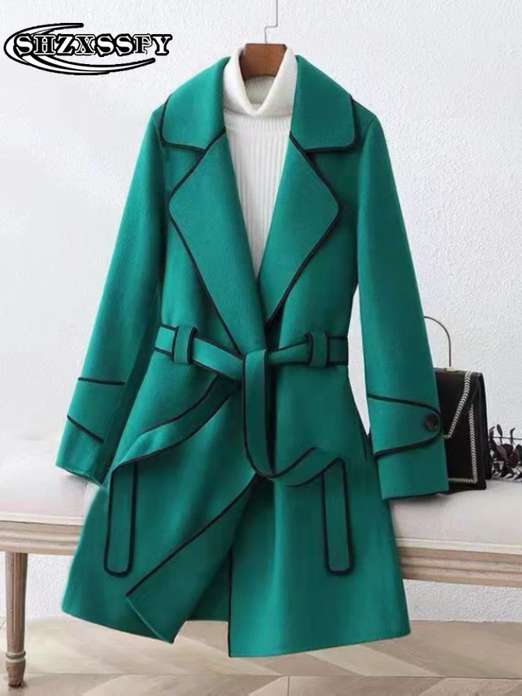 

Solid Women's Coats Loose Fashion Turn-down Collar Belt Cardigan Coats Woman Winter 2023 Casual High Waist Wool Coat Women