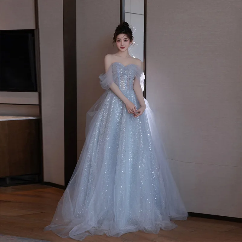 

Luxury Evening Dress Off The Shoulder Sequins Slim Floor-Length Dress 2023 New Light Blue Banquet Style Birthday Gowns
