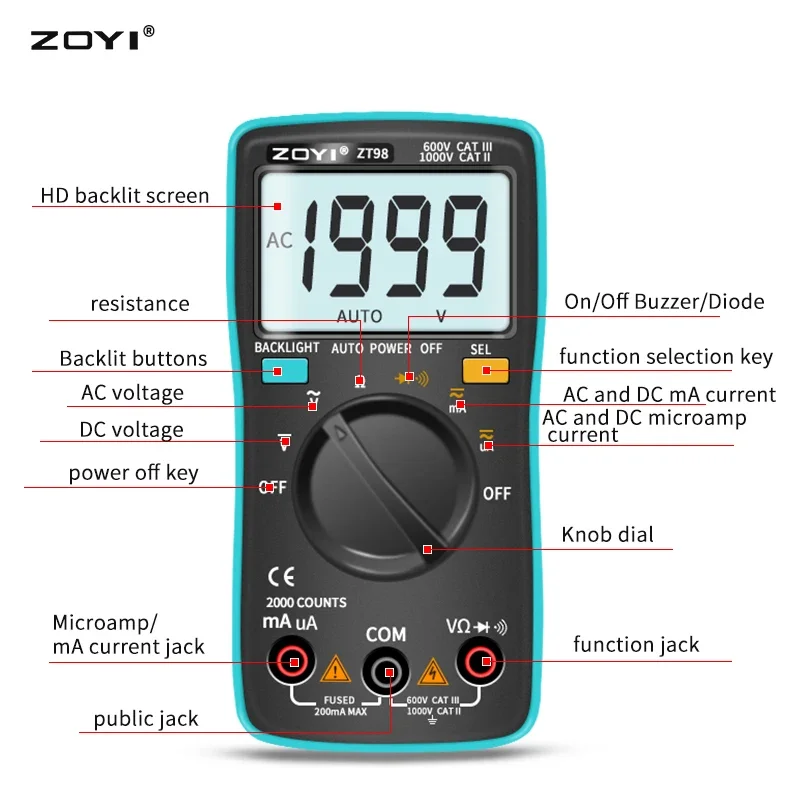 ZOYI ZT98 Digital Multimeter Ammeter Voltmeter Resistance Frequency backlight Meter voltage Diode Frequency ZT98