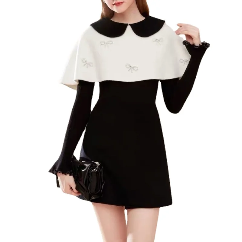 

VII 2023 Women's Jacket Autumn and Winter Female Clothing Elegant Colorblocked Doll Neck Studded Cape Dress Free Shipping Offers
