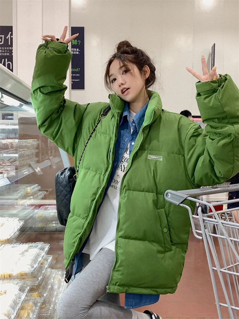 

Miiiix American New Design Sense Green Parkas Korean Fashion Winter Women's Loose and Thickened Standing Collar Cotton Coat
