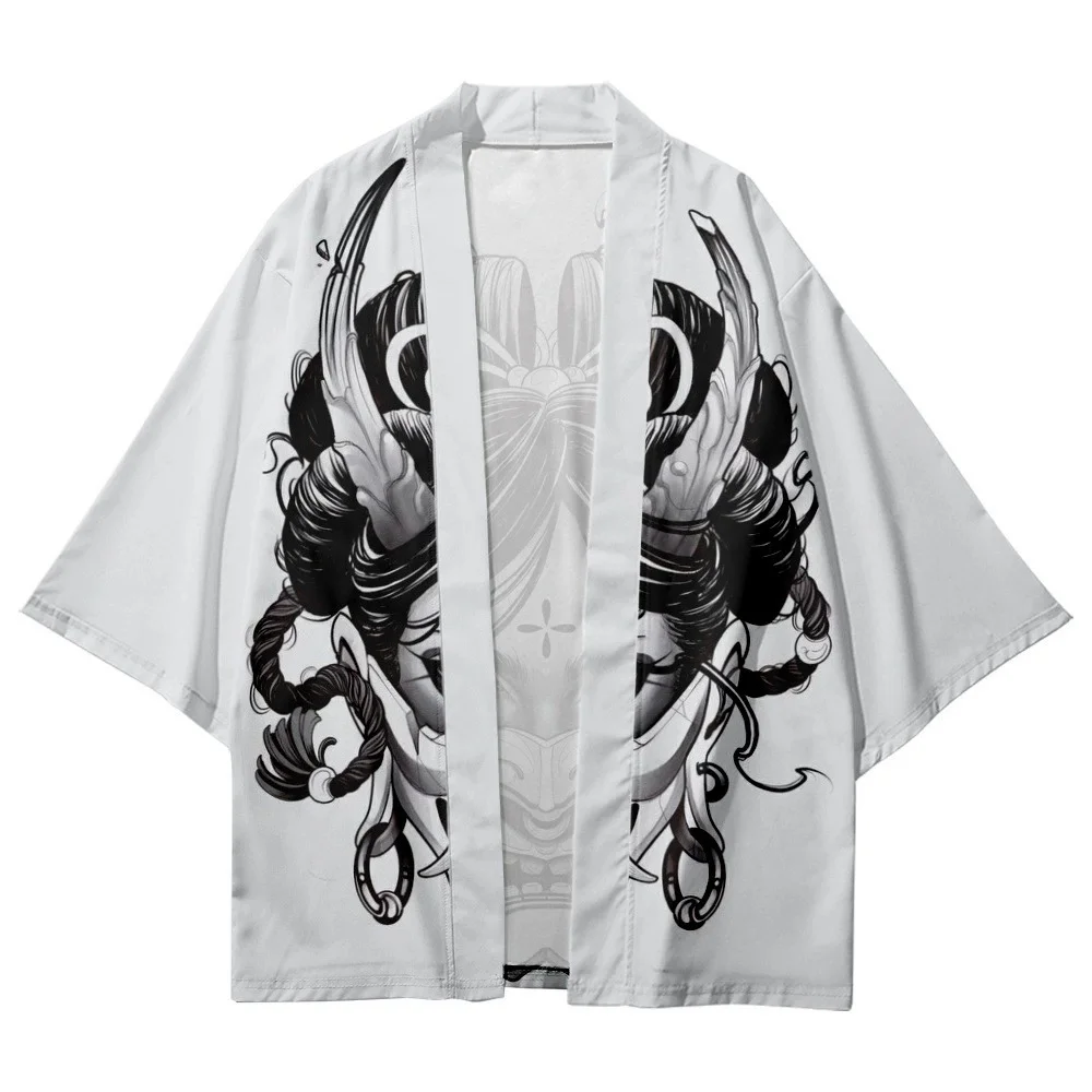 Men Women Beach Yukata Asian White Clothing Japanese Cardigan Cosplay Haori Demon Print Shirts Traditional Casual Kimono