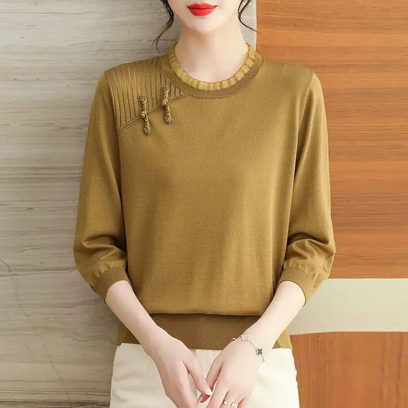 

Female Summer Long Sleeve O Neck Pullovers Loose Office Lady Solid Chinese Style Lace Fashion Popularity Casual T-shirt Q148