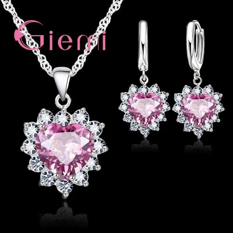Silver Jewelry Sets 925 Sterling For Wedding Women Cubic Zirconia Pendant Necklace Earrings