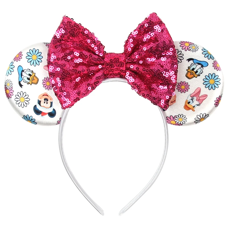 2024 Satin Cartoon Print Mouse Ears Headband For Girls Sequins Bow Birthday Party Hairband Christmas DIY Hair Accessories original disney mickey mouse students handbags book bags cartoon oxford shoulder messenger bags for kids