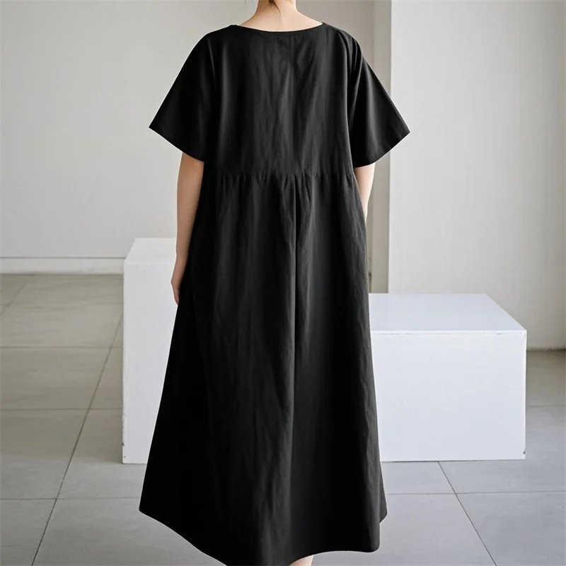 Hochgeschnittene Modische Übergröße-Kleider für Damen Baumwolle Leinen Locker Lässig O-Ausschnitt Pullover-Kleid Einfarbiges Plissiertes Kleid – Detail 19