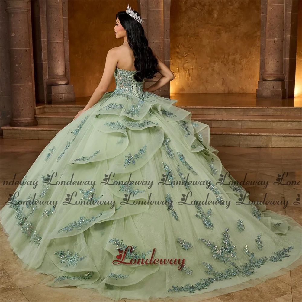 Londeway Modern Tulle Ball Gown Lace Appliques Ruffles Flare Sleeves Corset Floor Length Vestidos De 15 Quinceanera Customised
