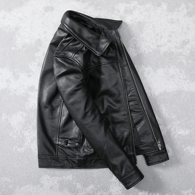 Men Real Cowhide Leather Jacket Slim Spring Autumn Asian Size 6XL