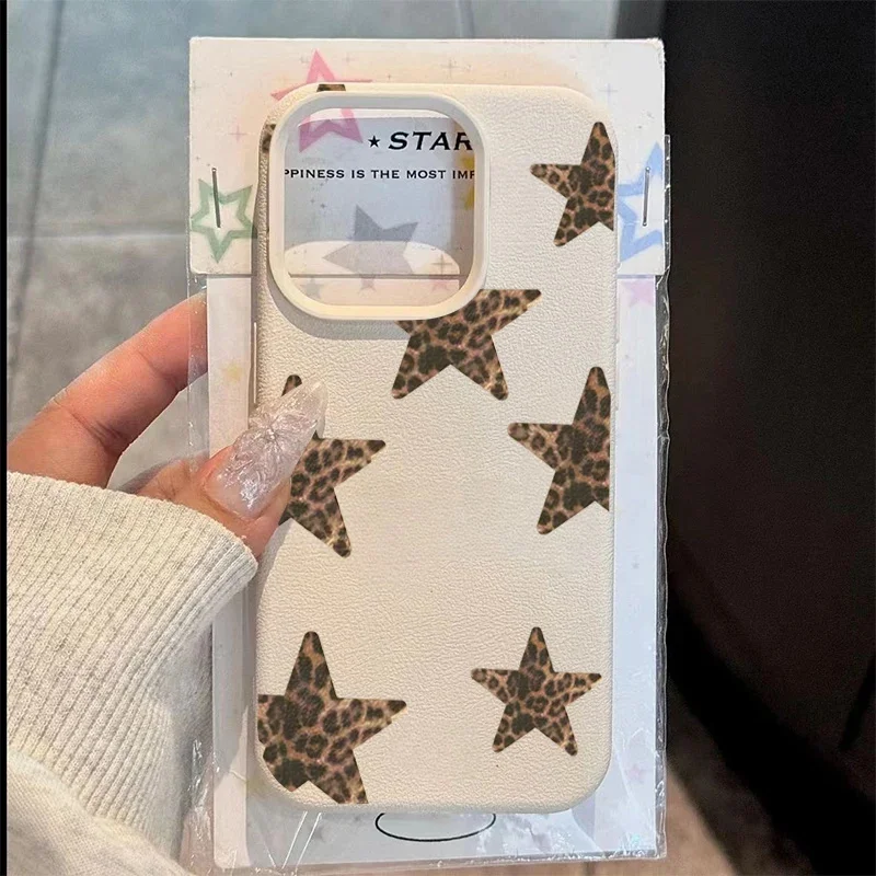 Leopard Print Stars Bow Lychee Texture Silicone Phone Case