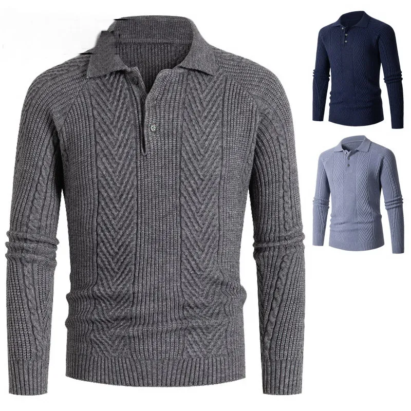 

Men Single Button Knitted Pullover Sweater Mens Turn Down Collar Casual Sweaters Male Autumn Fashion Bussiness Polo Shirts