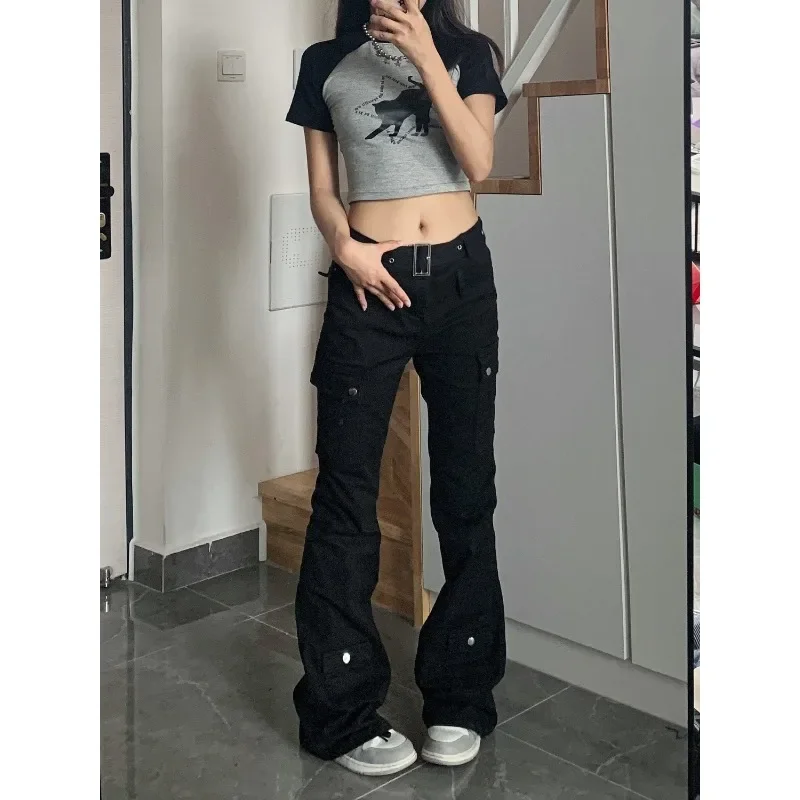 

QWEEK Y2k Streetwear Cargo Jeans Women Black Gyaru Gothic Grunge Flare Denim Pants Vintage Korean Style Tights Trousers Baddies