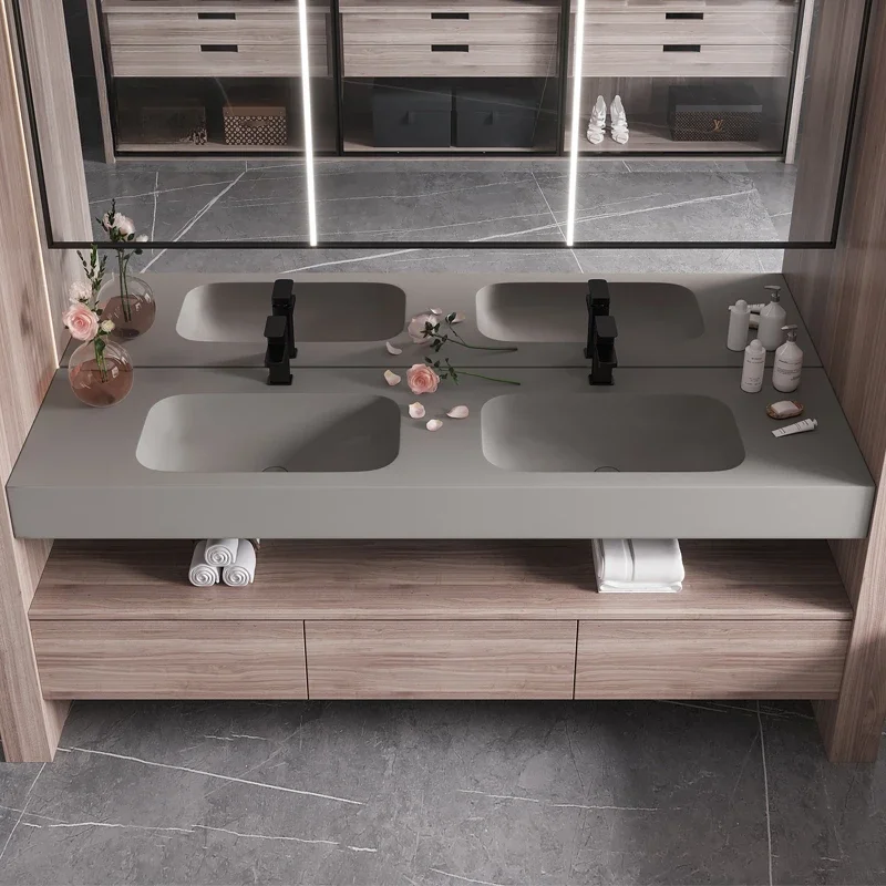 Grey wall hanging Qimei stone integrated double basin sink, sink under the sink, sink and washbasin
