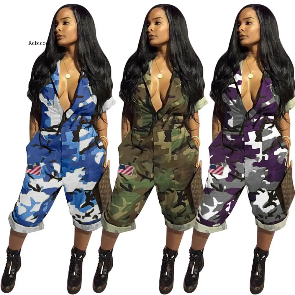 

Camouflage Jumpsuit Women Fashion Short Sleeve Flag Romper Wide Leg Pants Loose Camo Cuffs Overalls Outfits Female