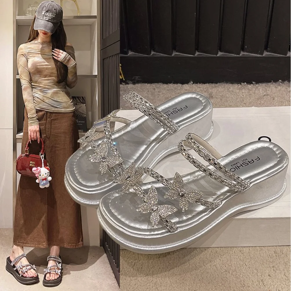 Women's Wedge Slippers Summer Bow Rhinestones Women Shoes for Women Dress Holiday Beach Slides Fashion Casual Platform Sandal ﻿ — view 6