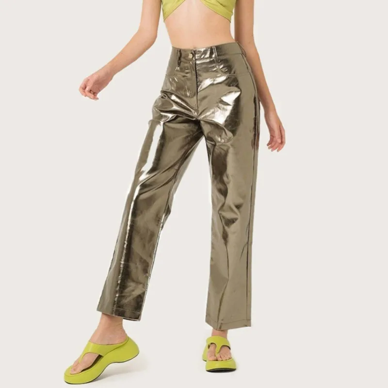 Pantalones de PU plateados para mujer, moda 2025, cintura alta, sueltos, pierna ancha, ropa de fiesta para chicas, ropa de calle, pantalones largos para mujer, otoño